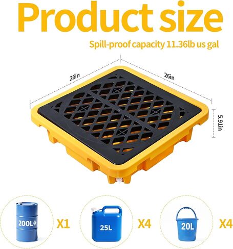 منصة نقالة لاحتواء الانسكابات مقاس 26.4 بوصة × 26.4 بوصة × 6 بوصة - صينية بلاستيكية قابلة للفصل مانعة للتسرب ومضادة للانزلاق مع تصريف - للاستخدامات الصناعية/الخارجية (قطعة واحدة) in Kuwait