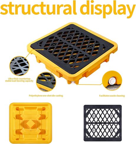 منصة نقالة لاحتواء الانسكابات مقاس 26.4 بوصة × 26.4 بوصة × 6 بوصة - صينية بلاستيكية قابلة للفصل مانعة للتسرب ومضادة للانزلاق مع تصريف - للاستخدامات الصناعية/الخارجية (قطعة واحدة) in Kuwait