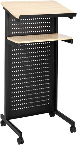 Bonnlo Height Adjustable Portable Podium Stand, Wheeled Lectern with Storage Shelf, Rolling Pulpits with Edge Stopper for Church, Ceremony, Classroom Lecture Speech Teach Platform (Brown & Black) in Kuwait