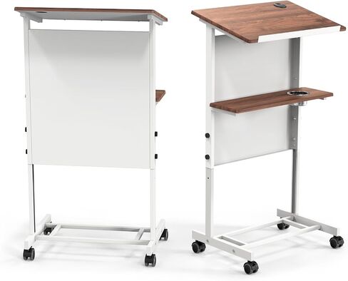 Bonnlo Height Adjustable Portable Podium Stand, Wheeled Lectern with Storage Shelf, Rolling Pulpits with Edge Stopper for Church, Ceremony, Classroom Lecture Speech Teach Platform (Brown & Black) in Kuwait