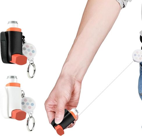 2 Pcs Asthma Inhaler Holder keychain,Leather Portable Asthma Inhaler Holder,with Retractable Keychain Inhalers Case,Holders for Adults Travel Handy,Inhalers Not Included (Black+White) in Kuwait