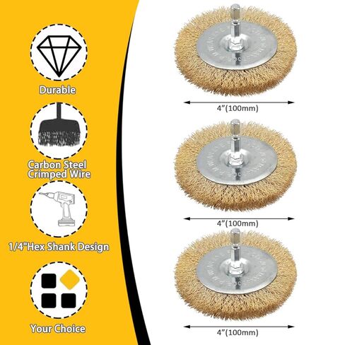 3PC Brass Coated Wire Wheel Brush Kit for Drill, Crimped Cup Brush with 1/4-Inch Shank,0.13mm Coated Brass Wire Brushes, for Fast Removal of Rust, Paint and Scale from Metal and Wood in Kuwait