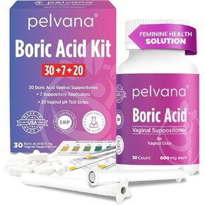 Pelvana Boric Acid Suppositories for Women - 30 Count + 7 Applicators - 600mg Boric Acid Capsules for Vaginal Odor Use in Kuwait