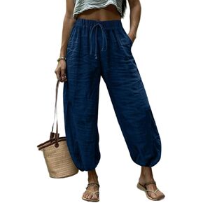 سراويل حريم قطنية للسيدات بخصر مطاطي وفضفاضة ورباط وسروال شاطئ فضفاض مع جيب in Kuwait