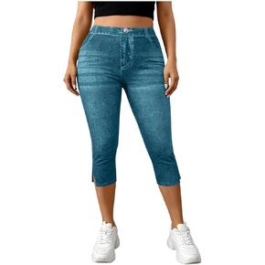 Jeggings for Women Pull On Capri Jeans Stretchy Jean Capris High Waisted Denim Capri Leggings Casual Pants with Pocket in Kuwait