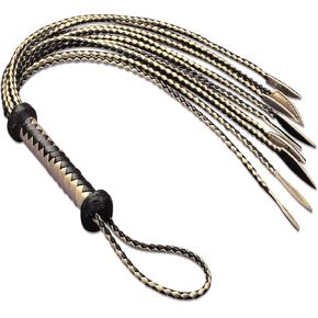 Black & Gold 9-Tail Equestrian Whip | 36-Strand Hand-Braided Genuine Leather Training Whip with Willow Leaf Tips in Saudi Arabia