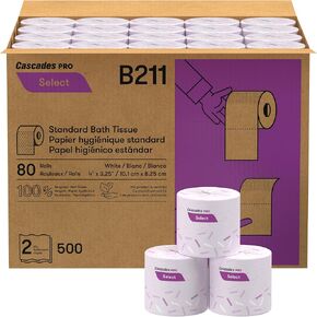 Cascades PRO Select Bath Tissue – Soft, Durable 2-Ply Toilet Paper Rolls – Fits Universal Dispensers – Individually Wrapped, Septic Safe, Recycled Fiber – 500 Sheets/Roll, 80 Rolls/Pack – B211 – White in Kuwait