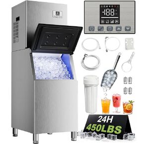 آلة صنع الثلج التجارية بقدرة 450 رطلاً/24 ساعة مع تخزين 250 رطلاً، وضع التنظيف الذاتي، آلة صنع الثلج الصناعية، الثلج جاهز في 7-15 دقيقة، صانع الثلج من الفولاذ المقاوم للصدأ للبار/المقهى/المطعم/الأعمال in Kuwait