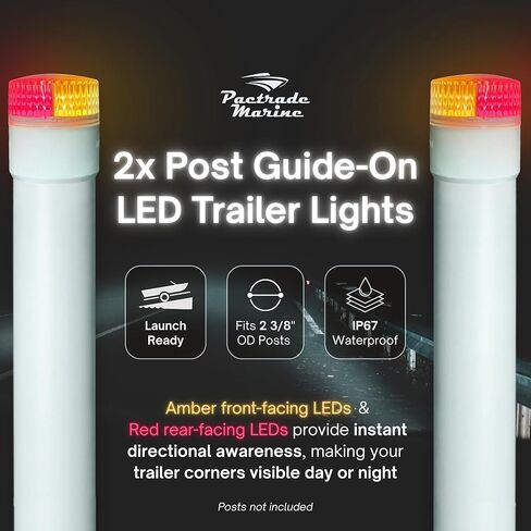 Pactrade Marine Post Guide-On LED Trailer Light Kit (Set of 2) - Amber Front/Red Rear for Night Visibility, Includes 2x 8ft Wires - Fits 2 3/8 Inch PVC Guide Posts - IP67 Waterproof for Boat Trailers in Saudi Arabia