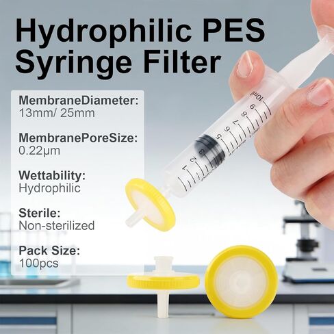 Syringe Filters PES Membrane, 0.22um Pore Size, 13mm Diameter, Non-sterile, Hydrophilic Filtration, Syringe Lab Filters, Pack of 100 (PES, 0.22μm 13mm) in Saudi Arabia