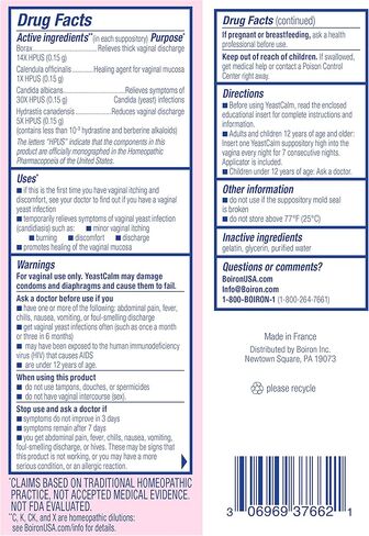 Boiron YeastCalm Homeopathic Suppositories for Yeast Infections, Burning, Discharge, and Minor Vaginal Itching - 7 Count in Kuwait