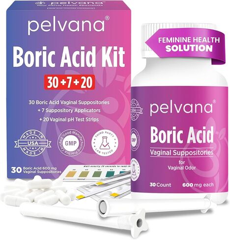 Pelvana Boric Acid Suppositories for Women - 30 Count + 7 Applicators - 600mg Boric Acid Capsules for Vaginal Odor Use in Kuwait