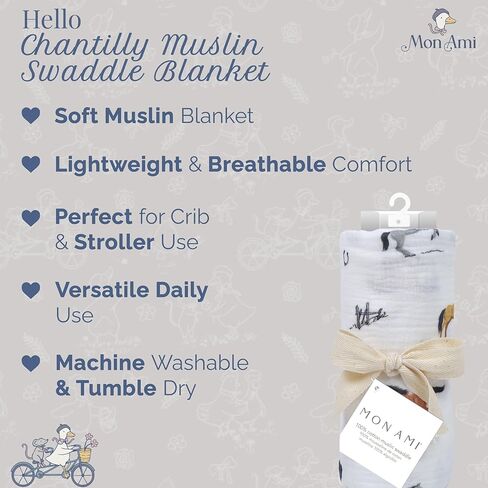 MON AMI ‘French Swan’ Cotton Muslin Swaddle Blanket – 47x47", Neutral Receiving Blanket for Newborns, Baby Swaddle Wraps for Boys & Girls in Kuwait