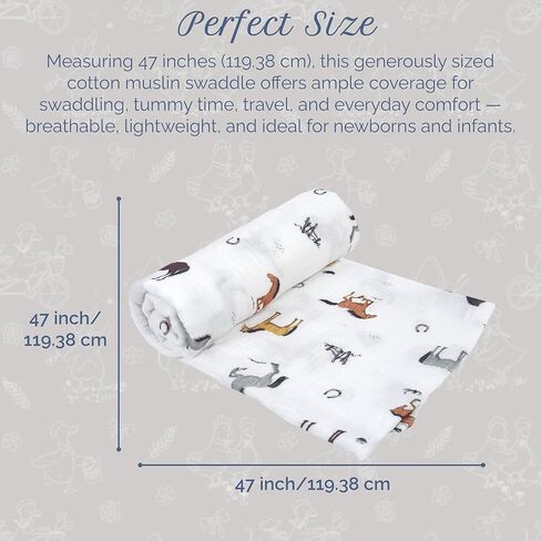 MON AMI ‘French Swan’ Cotton Muslin Swaddle Blanket – 47x47", Neutral Receiving Blanket for Newborns, Baby Swaddle Wraps for Boys & Girls in Kuwait