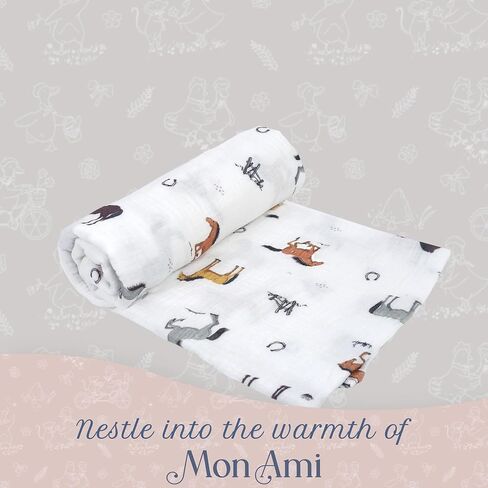 MON AMI ‘French Swan’ Cotton Muslin Swaddle Blanket – 47x47", Neutral Receiving Blanket for Newborns, Baby Swaddle Wraps for Boys & Girls in Kuwait