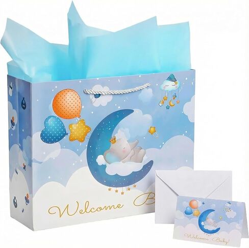 Gfinyhm 13 "Baby Boy Gift Bag for Baby Dame أو عيد ميلاد مع مقبض وورق منسوج وبطاقة تحية (فيل) in Saudi Arabia