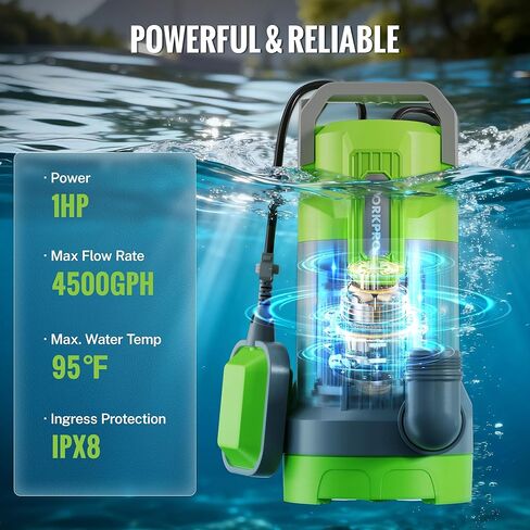WORKPRO Submersible Water Pump, 1HP 4500 GPH Sump Pump with Automatic Float Switch for Transferring Clean or Dirty Water, A Water Pump for Pool Draining, Flooded Basement, Pond, and Garden Irrigation in Saudi Arabia