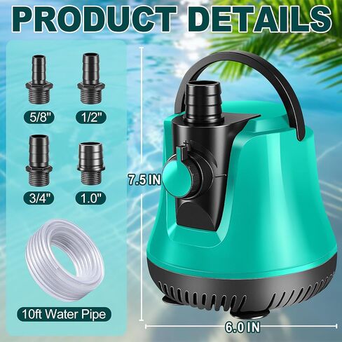 RovPool Sump Pump Submersible, Pool Cover Pump Above Ground with Adjustable Flow, Portable Electric Water Removal Pump with 10ft Hose, 4 Adapters Water Pump for Pool Draining,Fish Tank,Pond, 950GPH in Saudi Arabia
