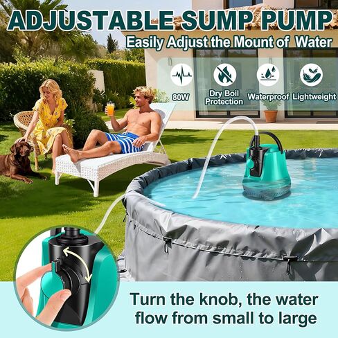 RovPool Sump Pump Submersible, Pool Cover Pump Above Ground with Adjustable Flow, Portable Electric Water Removal Pump with 10ft Hose, 4 Adapters Water Pump for Pool Draining,Fish Tank,Pond, 950GPH in Saudi Arabia