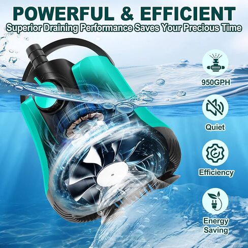 RovPool Sump Pump Submersible, Pool Cover Pump Above Ground with Adjustable Flow, Portable Electric Water Removal Pump with 10ft Hose, 4 Adapters Water Pump for Pool Draining,Fish Tank,Pond, 950GPH in Saudi Arabia