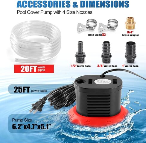 مضخة غطاء حمام السباحة، مضخة مياه 850 جالون في الساعة لتصريف حمام السباحة مع 4 محولات خرطوم، خرطوم تصريف 20 قدمًا، سلك طاقة 25 قدمًا، مضخات غطاء حمام السباحة فوق الأرض لتصريف أغطية حمام السباحة والبرك والأحواض (أحمر) in Kuwait