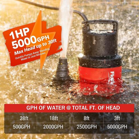 1HP 5000GPH Sump Pump - Clean/Dirty Water Portable Transfer Submersible Pump for Swimming Pool, Garden Pond, Basement with 10ft Power Cord,Remove Water Level Down to 0.2" in Saudi Arabia
