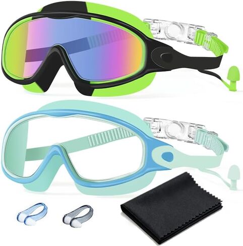 Swim Goggles 2 Pack Anti-Fog Anti-UV Wide View No Leakage Swimming Goggles for Kids 3-15 with Earplugs in Kuwait