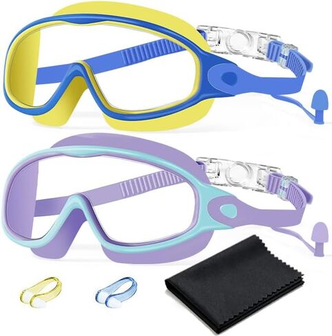 Swim Goggles 2 Pack Anti-Fog Anti-UV Wide View No Leakage Swimming Goggles for Kids 3-15 with Earplugs in Kuwait