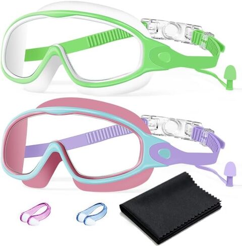 Swim Goggles 2 Pack Anti-Fog Anti-UV Wide View No Leakage Swimming Goggles for Kids 3-15 with Earplugs in Kuwait