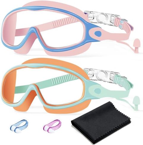 Swim Goggles 2 Pack Anti-Fog Anti-UV Wide View No Leakage Swimming Goggles for Kids 3-15 with Earplugs in Kuwait