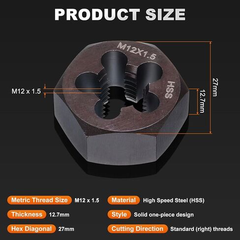 M12 x 1.5 Standard Hex Die Right Hand Metric Machine Threaded High Speed Steel for Threading Cutting Carbon Steel, Alloy Steel, Stainless Steel, Copper, Aluminum in Saudi Arabia