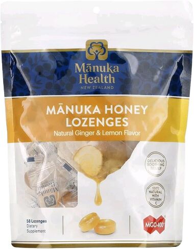 Manuka Health Manuka Honey Cough Drops – 58 Natural Lemon & Ginger Flavored Throat Lozenges Infused with Raw Manuka Honey and Vitamin C for Immune Support in Kuwait