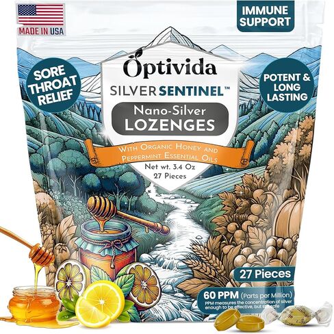 OPTIVIDA Nano Colloidal Silver Lozenges 60 PPM - Organic Cough Drops for Adults - Soothing Natural Honey Sore Throat Lozenges for Immune Support - Cold & Cough Relief Formula for Adults & Kids - 27ct in Kuwait