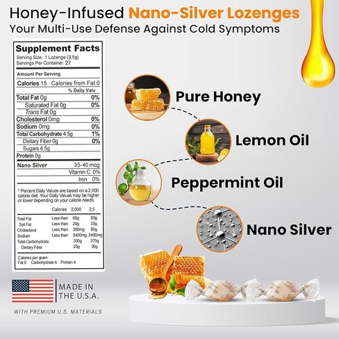 OPTIVIDA Nano Colloidal Silver Lozenges 60 PPM - Organic Cough Drops for Adults - Soothing Natural Honey Sore Throat Lozenges for Immune Support - Cold & Cough Relief Formula for Adults & Kids - 27ct in Kuwait