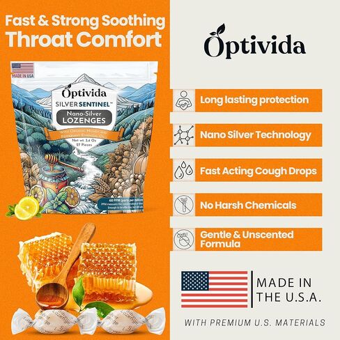 OPTIVIDA Nano Colloidal Silver Lozenges 60 PPM - Organic Cough Drops for Adults - Soothing Natural Honey Sore Throat Lozenges for Immune Support - Cold & Cough Relief Formula for Adults & Kids - 27ct in Kuwait