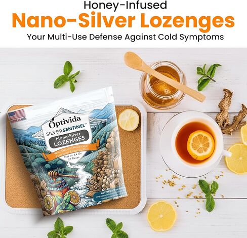 OPTIVIDA Nano Colloidal Silver Lozenges 60 PPM - Organic Cough Drops for Adults - Soothing Natural Honey Sore Throat Lozenges for Immune Support - Cold & Cough Relief Formula for Adults & Kids - 27ct in Kuwait