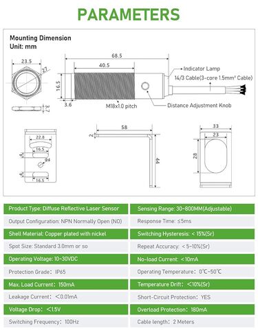 DIHOOL Photoelectric Proximity Sensor, Laser Motion Switch,IP65 Waterproof, Normally Open NPN NO, M16, 3 Wires,12V/24V Input(10-30VDC), Detection Distance Adjustable from 3cm to 80cm in Kuwait