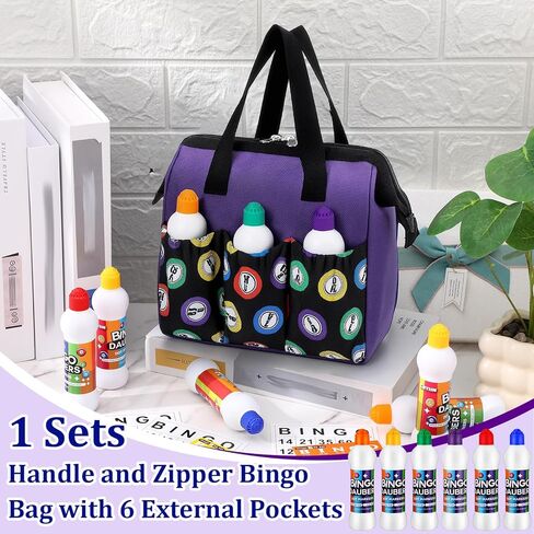 مجموعة Crtiin 1 حقيبة Bingo Dauber مع 6 قطع من Daubers مجموعة ألوان مختلطة من أقلام التحديد المنقطة بمقبض 6 ألوان وحقيبة حمل بسحاب مع 6 جيوب خارجية مناسبة لـ Bingo Night (2.2 أونصة، أرجواني) in Saudi Arabia