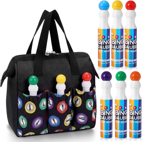 مجموعة Crtiin 1 حقيبة Bingo Dauber مع 6 قطع من Daubers مجموعة ألوان مختلطة من أقلام التحديد المنقطة بمقبض 6 ألوان وحقيبة حمل بسحاب مع 6 جيوب خارجية مناسبة لـ Bingo Night (2.2 أونصة، أرجواني) in Saudi Arabia