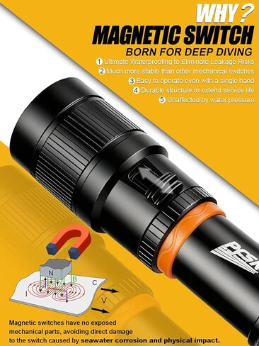 Scuba Dive Light Diving Flashlight - PFSN High Lumens Underwater Flashlight IPX68 Waterproof, Rechargeable Dive Torch, Narrow Beam Diving Lamp Best for Diver Submersible Caving, Snorkeling in Kuwait