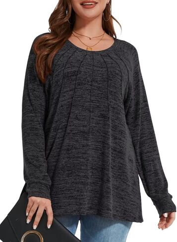 MONNURO Lightweight Sweatshirts for Women Plus Size Tunic Tops Long Sleeve Pleated Tops Crewneck Fall Blouse in Kuwait
