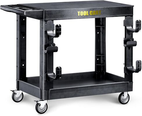 Heavy Duty Plastic Utility Cart on Wheels 34.4 x 17 Inch - Work Cart Tub Storage Deep Shelves and 360° Swivel Wheels Safely Holds up to 600 lbs - 2 Tier Service Cart for Warehouse,Garage, Cleaning in Saudi Arabia