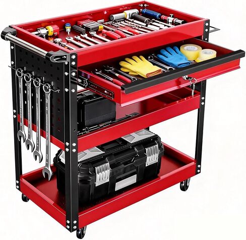 3-Tier Tool Cart with Wheels, 400 lbs Load Capacity,Rolling Tool Cart with Drawer & Pegboard, Mechanic Tool Storage Organizer with Locking System for Garage, Warehouse and Repair Shop, Black&Red in Saudi Arabia