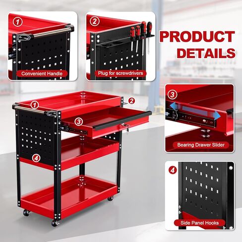 3-Tier Tool Cart with Wheels, 400 lbs Load Capacity,Rolling Tool Cart with Drawer & Pegboard, Mechanic Tool Storage Organizer with Locking System for Garage, Warehouse and Repair Shop, Black&Red in Saudi Arabia