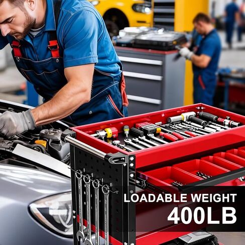 3-Tier Tool Cart with Wheels, 400 lbs Load Capacity,Rolling Tool Cart with Drawer & Pegboard, Mechanic Tool Storage Organizer with Locking System for Garage, Warehouse and Repair Shop, Black&Red in Saudi Arabia