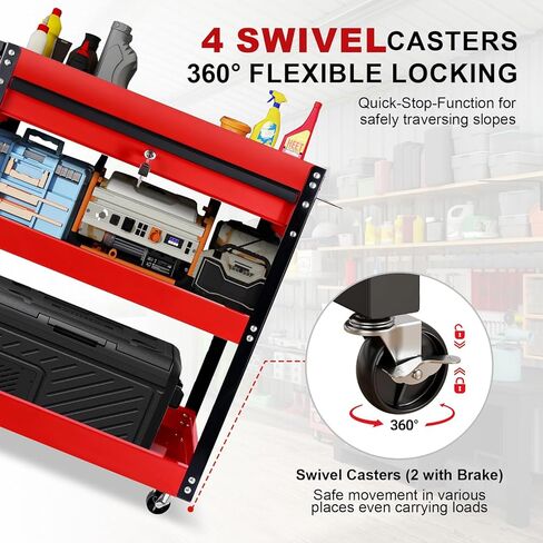 3-Tier Tool Cart with Wheels, 400 lbs Load Capacity,Rolling Tool Cart with Drawer & Pegboard, Mechanic Tool Storage Organizer with Locking System for Garage, Warehouse and Repair Shop, Black&Red in Saudi Arabia