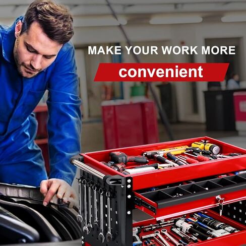3-Tier Tool Cart with Wheels, 400 lbs Load Capacity,Rolling Tool Cart with Drawer & Pegboard, Mechanic Tool Storage Organizer with Locking System for Garage, Warehouse and Repair Shop, Black&Red in Saudi Arabia