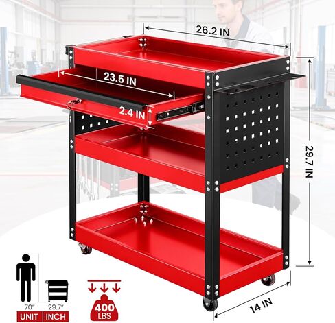 3-Tier Tool Cart with Wheels, 400 lbs Load Capacity,Rolling Tool Cart with Drawer & Pegboard, Mechanic Tool Storage Organizer with Locking System for Garage, Warehouse and Repair Shop, Black&Red in Saudi Arabia