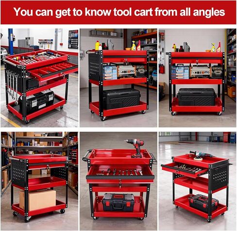 3-Tier Tool Cart with Wheels, 400 lbs Load Capacity,Rolling Tool Cart with Drawer & Pegboard, Mechanic Tool Storage Organizer with Locking System for Garage, Warehouse and Repair Shop, Black&Red in Saudi Arabia