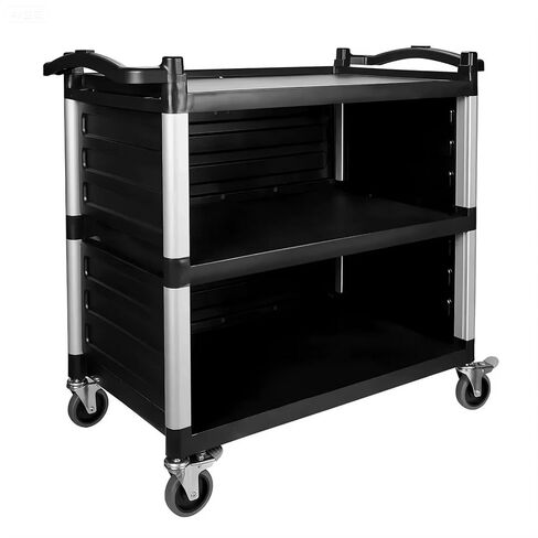 NorthSky Select Dual-Handle Utility Service Cart, 3 Shelves, 440 lb. Capacity -Black Plastic Shelves, Lockable Swivel Casters - Suitable for Hospital, Lab, Hotel, Office Transport & Organizing in Kuwait